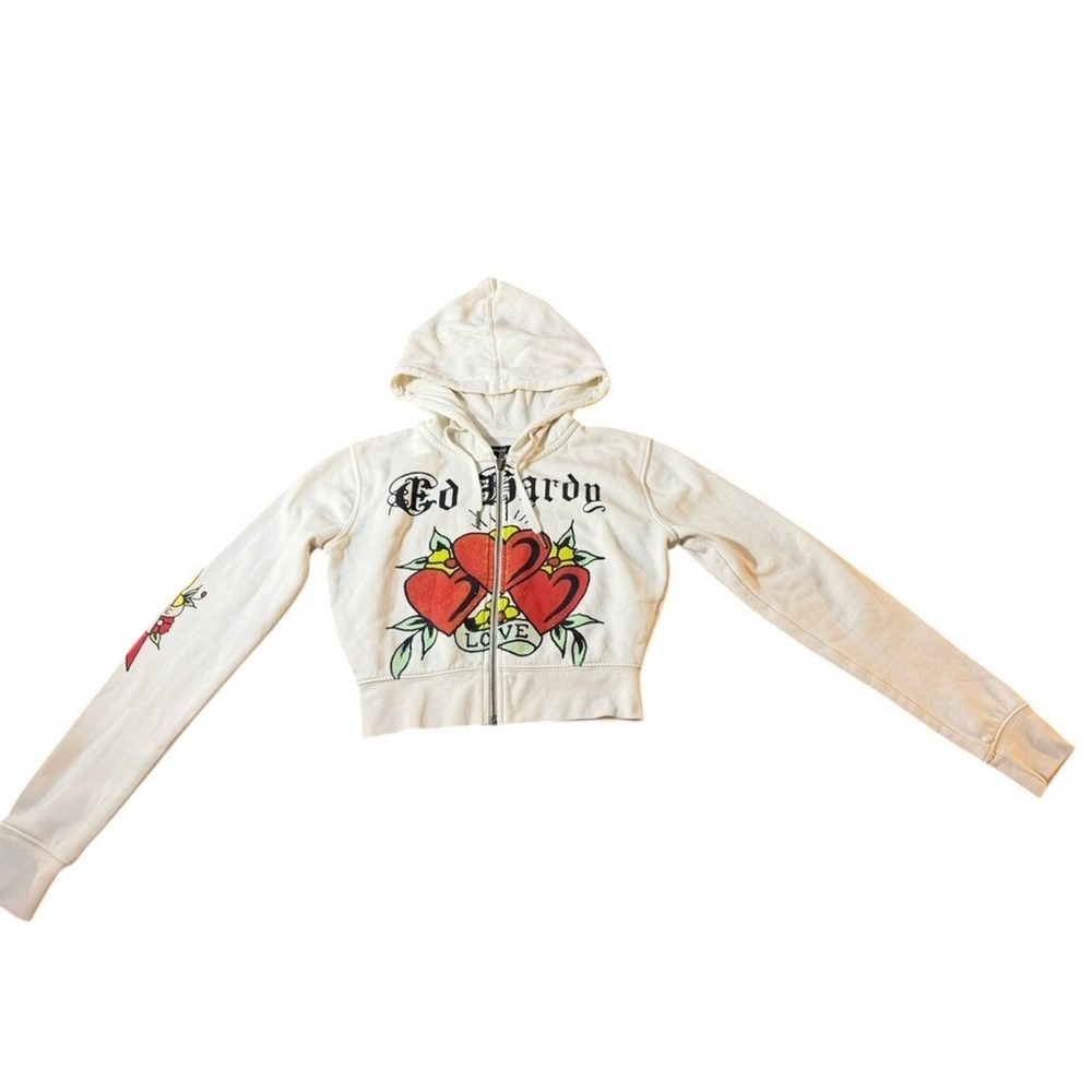 Ed Hardy Women Cream Love Kills Slowly Skull Hearts Cropped Zip Up Hoodie Y2K S